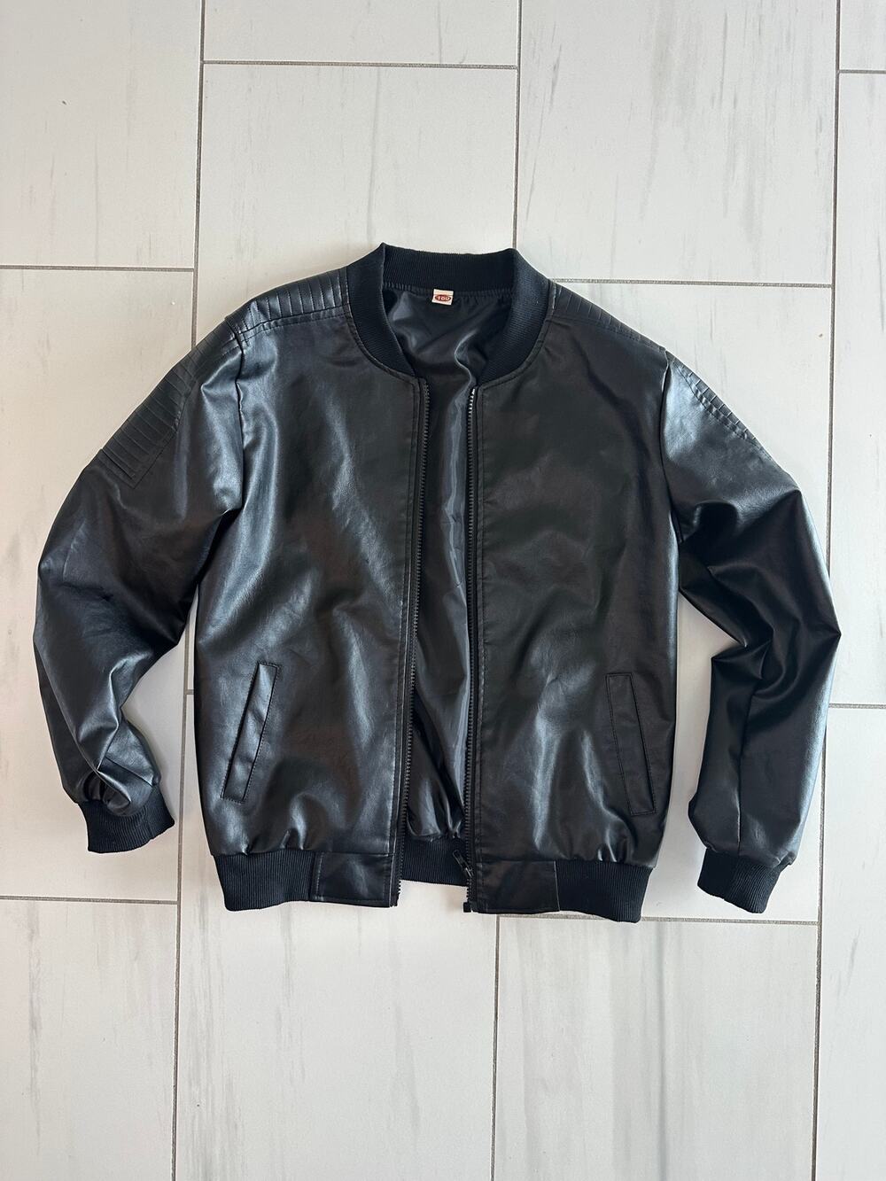 Boys Black Faux Leather Bomber Jacket Size 160 Youth Zip Motorcycle Coat